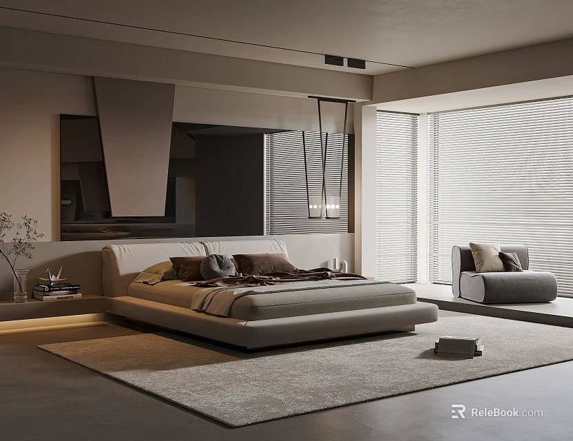 Modern Bedroom Interior With Plush Bed Area Rug Window Blinds And Accent Chair 3d model 