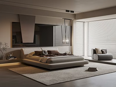 Modern Bedroom Interior With Plush Bed Area Rug Window Blinds And Accent Chair 3d model