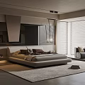 Modern Bedroom Interior With Plush Bed Area Rug Window Blinds And Accent Chair