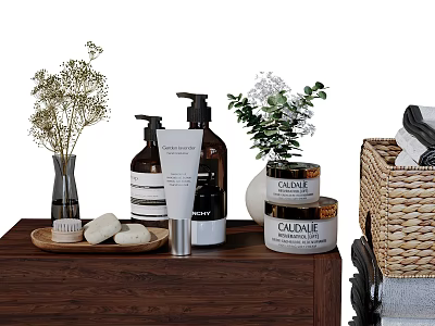 Bathroom Accessories on Wooden Tray Including Liquid Soap Lotion Decorative Plants and Wicker Basket Towels 3d model