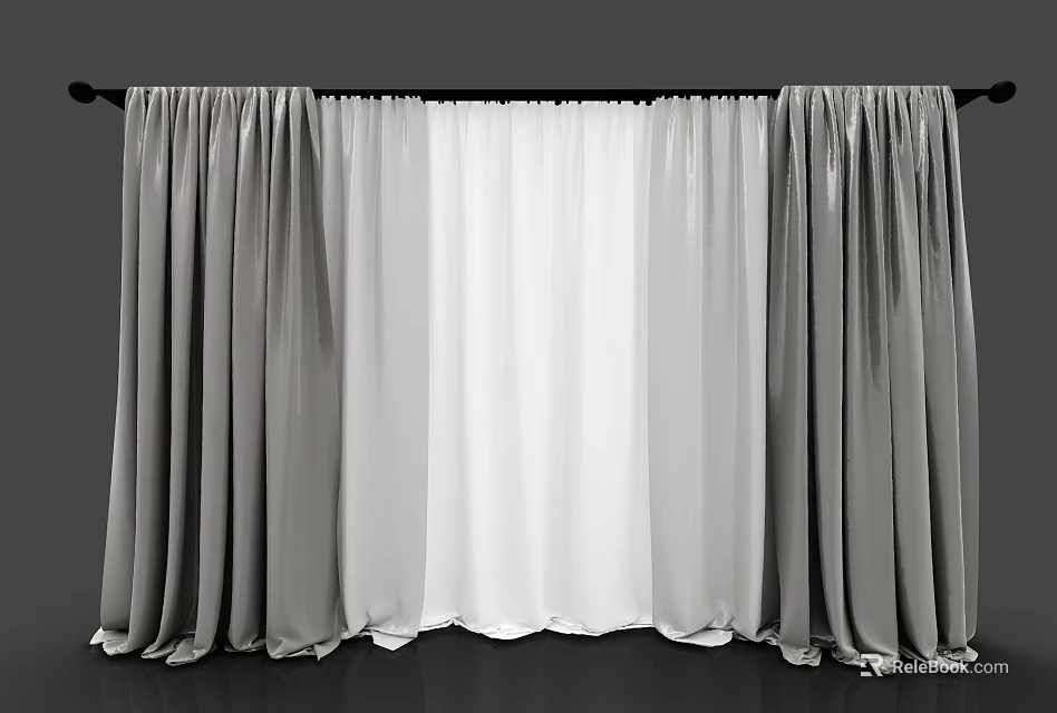 Stylish Two Layer Gray Curtains With White Sheer Panels For Home Decor 3d model 