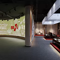 Traditional Chinese Exhibition Hall Interior With Classical Wooden Furniture Red Carpet Platforms And Wall Paintings
