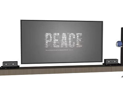 Black Speakers and Headphones Setup on Wooden TV Stand with Large Screen TV 3d model