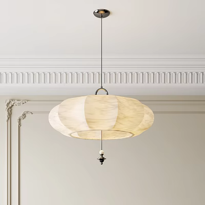 Elegant Beige Pendant Light With Round Fabric Shade In Classical Interior With Carved Cornice 3d model