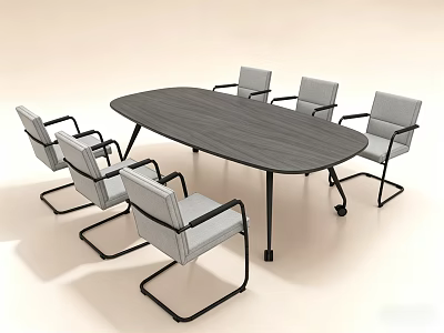 Oval Dark Gray Wooden Conference Table With Six Gray Chairs In Modern Office 3d model