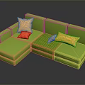 Vibrant Green L Shaped Sofa With Orange Yellow Pillows And Checkered Blanket