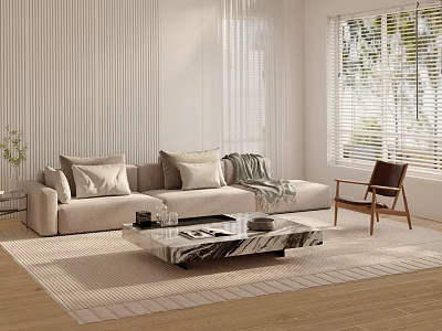 Modern Living Room Interior With Beige Sofa Throw Pillows Marble Coffee Table And Brown Chair 3d model