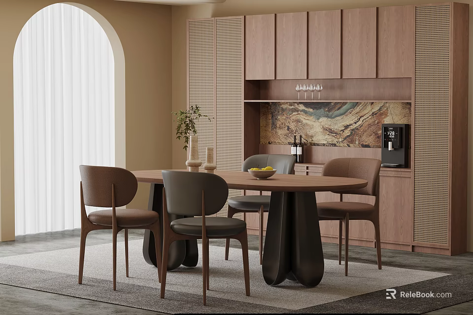 Modern Restaurant Interior With Round Dining Table Wooden Chairs And Coffee Machine 3d model 