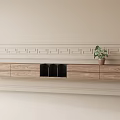 Modern Wooden TV Stand with Drawers Black Storage and Potted Plant on Decorative Wall