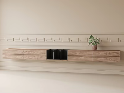 Modern Wooden TV Stand with Drawers Black Storage and Potted Plant on Decorative Wall 3d model