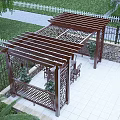 Outdoor Garden Pavilion with Wooden Lattice Structure Table Chairs Stone Wall and White Tile Floor