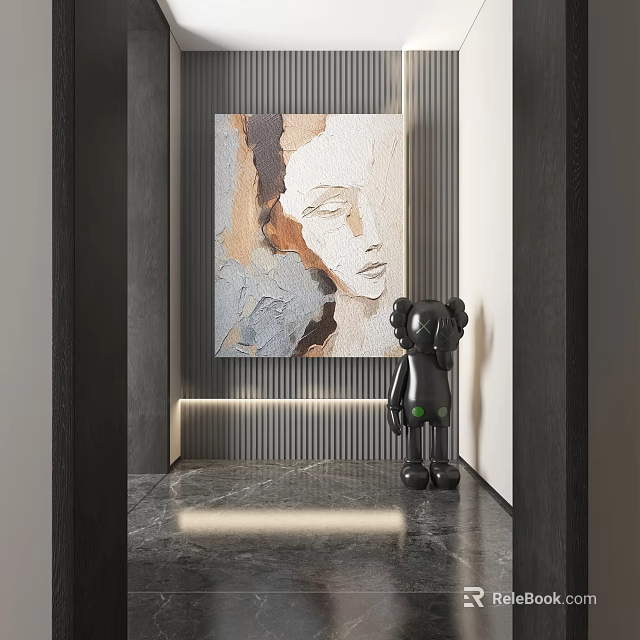 Abstract Female Portrait Painting In Modern Corridor With Black Sculpture And Marble Floor 3d model 