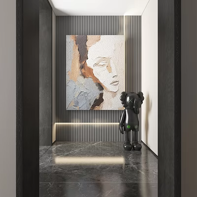 Abstract Female Portrait Painting In Modern Corridor With Black Sculpture And Marble Floor 3d model