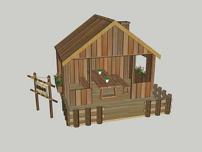 Charming Wooden Cabin with Fenced Deck Table Chairs Flower Pots and Signboard 3d model