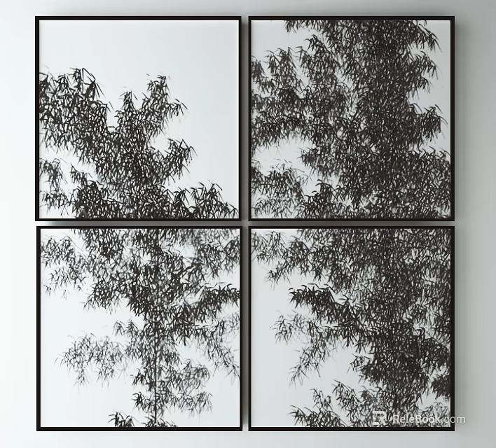 Four Black and White Bamboo Paintings in Square Frames for Modern Home Decor 3d model 