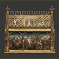 Intricately Carved Medieval Altarpiece Featuring Religious Figures And Mythical Creatures In Golden Frame