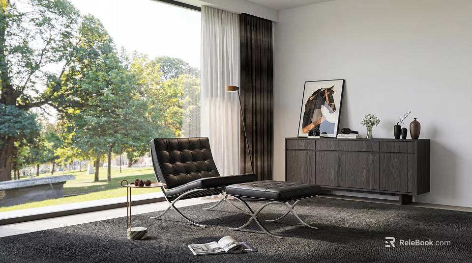 Leisure Sofa Set With Black Leather Chair Ottoman Large Window And Green Trees 3d model 