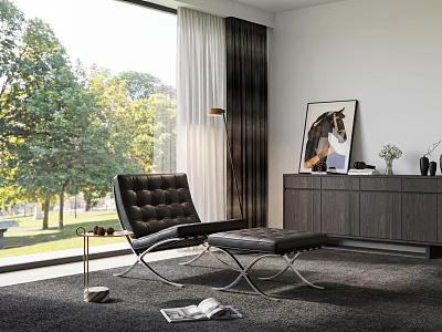 Leisure Sofa Set With Black Leather Chair Ottoman Large Window And Green Trees 3d model