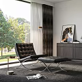 Leisure Sofa Set With Black Leather Chair Ottoman Large Window And Green Trees