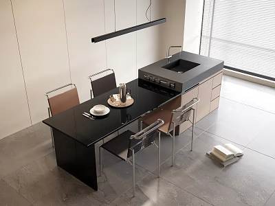 Modern Open Bar Counter Design With Black Countertop Hanging Light And Chairs Near Window 3d model