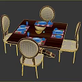 Wooden Dining Table Set With Four Upholstered Chairs And Tableware Setting 3d model