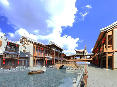Ancient Chinese Commercial Street Featuring Traditional Architecture Water Canal Stone Bridge And Red Lanterns 3d model
