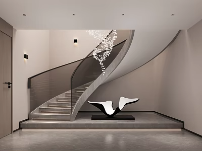 Modern Spiral Staircase With Glass Railing And Abstract Sculpture In Minimalist Interior 3d model
