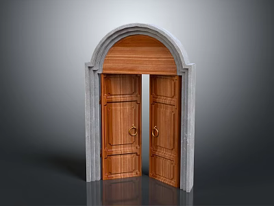 Architectural Arched Entrance Featuring Wooden Doors Stone Frame And Carved Details With Metal Handles 3d model