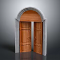 Architectural Arched Entrance Featuring Wooden Doors Stone Frame And Carved Details With Metal Handles