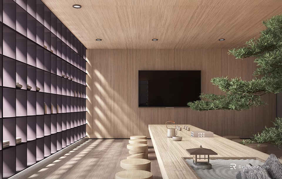 Japanese Style Tea Room With Wooden Accents Long Table And Bonsai 3d model 