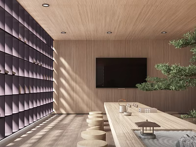 Japanese Style Tea Room With Wooden Accents Long Table And Bonsai 3d model