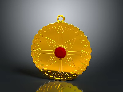 Golden Circular Pendant With Red Gemstone Center And Intricate Pattern As Daily Life Accessory 3d model
