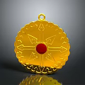 Golden Circular Pendant With Red Gemstone Center And Intricate Pattern As Daily Life Accessory