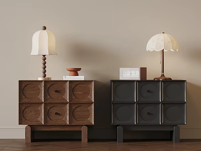 Wooden and Black Bedside Tables With White Lampshades And Decor Items 3d model