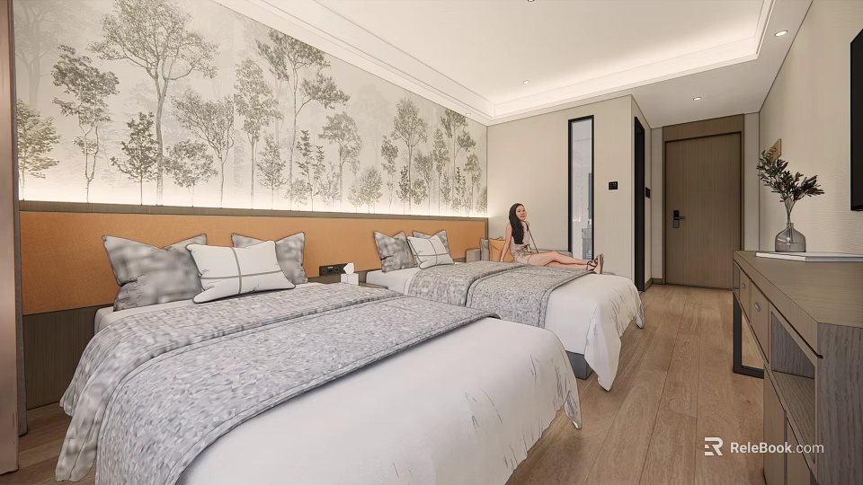 Modern Hotel Guest Room With Two Beds Tree Patterned Wallpaper And Wooden Flooring 3d model 