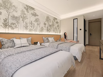 Modern Hotel Guest Room With Two Beds Tree Patterned Wallpaper And Wooden Flooring 3d model
