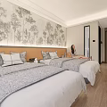 Modern Hotel Guest Room With Two Beds Tree Patterned Wallpaper And Wooden Flooring