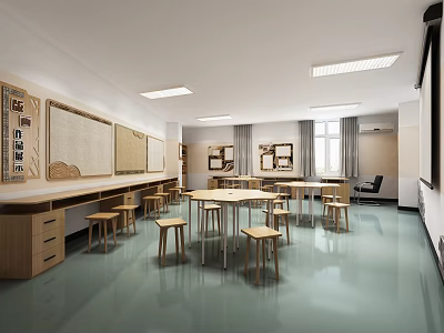 School Classroom Interior With Wooden Round Tables Stools Whiteboard And Bright Lighting 3d model