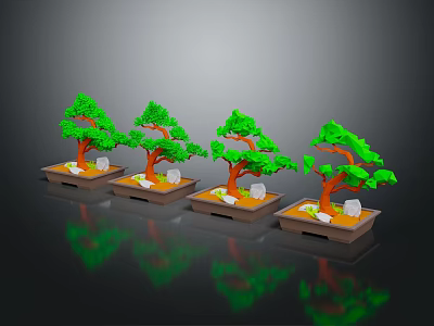 Four Green Bonsai Plants In Square Bases With Stones On Shiny Surface 3d model