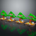 Four Green Bonsai Plants In Square Bases With Stones On Shiny Surface
