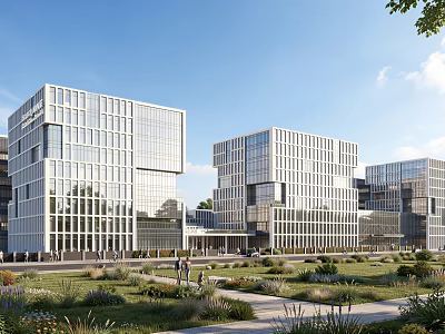 Modern Industrial Factory Building With Glass Curtain Walls And Landscaped Gardens 3d model
