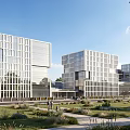 Modern Industrial Factory Building With Glass Curtain Walls And Landscaped Gardens