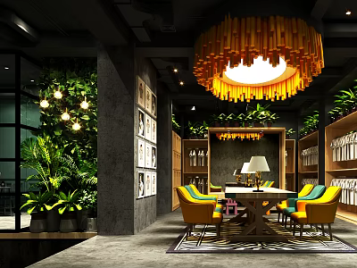 Modern Mall Shop With Yellow Chandelier Green Plants Yellow Chairs Decorative Paintings Table And Bookshelves 3d model