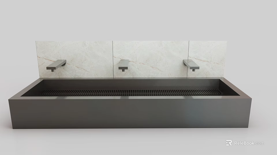 Sleek Modern Washbasin With Black Countertop Three Faucets And Light Marble Backsplash 3d model 