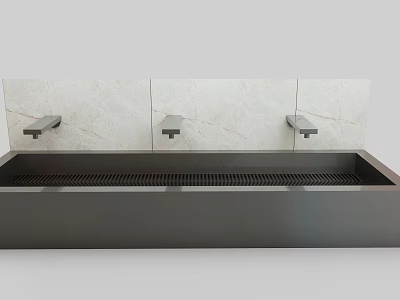 Sleek Modern Washbasin With Black Countertop Three Faucets And Light Marble Backsplash 3d model