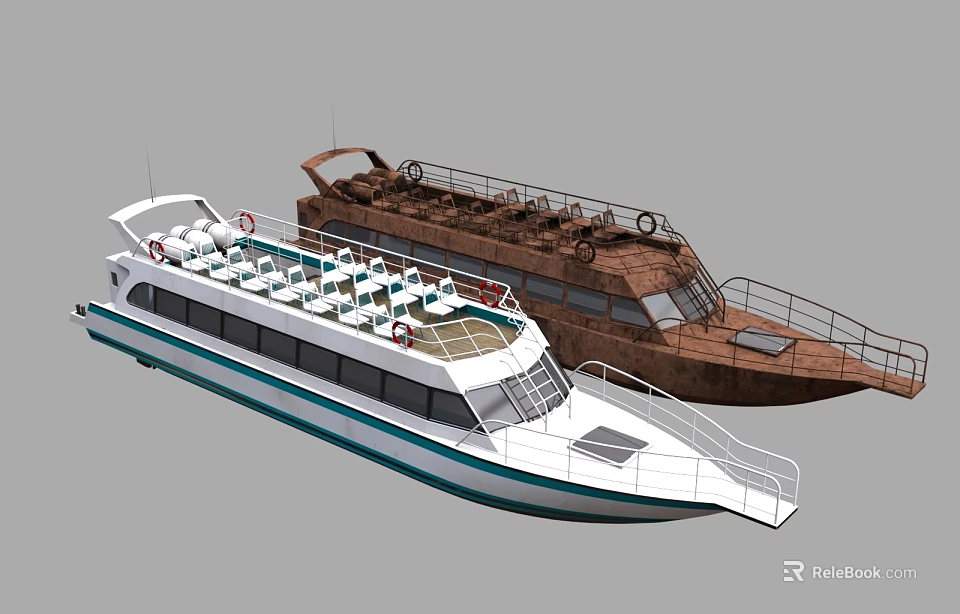 Two Modern Yachts With White Blue Exterior And Brown Wooden Deck Design 3d model 