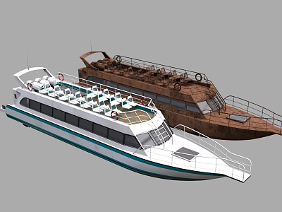 Two Modern Yachts With White Blue Exterior And Brown Wooden Deck Design 3d model