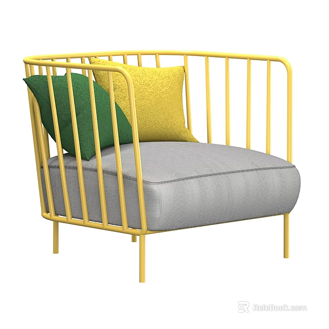 Modern Single Sofa With Yellow Metal Frame Gray Cushion Green And Yellow Pillows 3d model 