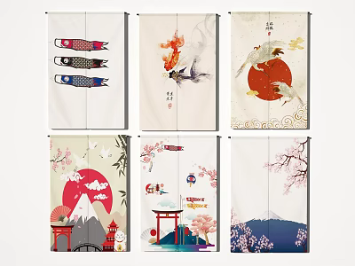 Elegant Japanese Style Curtains with Koi Fish Cherry Blossoms and Mount Fuji Prints 3d model