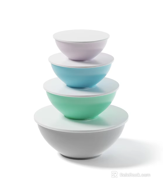 Colorful Stackable Bowl Dinnerware Set With White Purple Blue Green Bowls And White Lids 3d model 